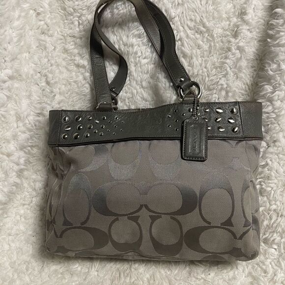 COACH Handbag Grey Shoulder Tote Canvas Jacquard Leather Studded Bag - Picture 1 of 14